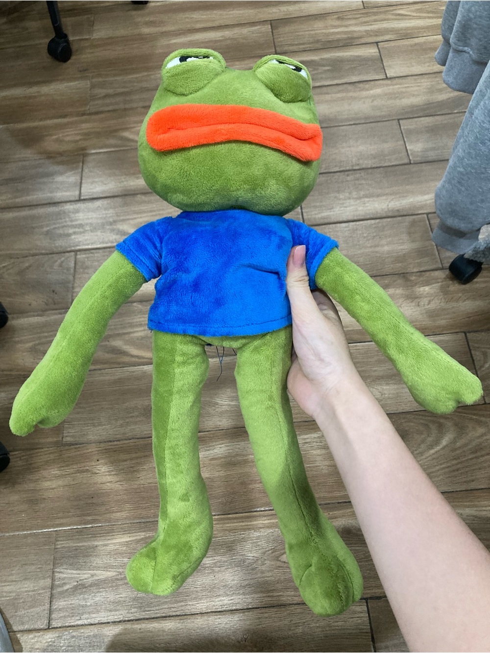 Green Frog Plush with Blue Shirt and Orange Mouth - Soft Reptile Toy